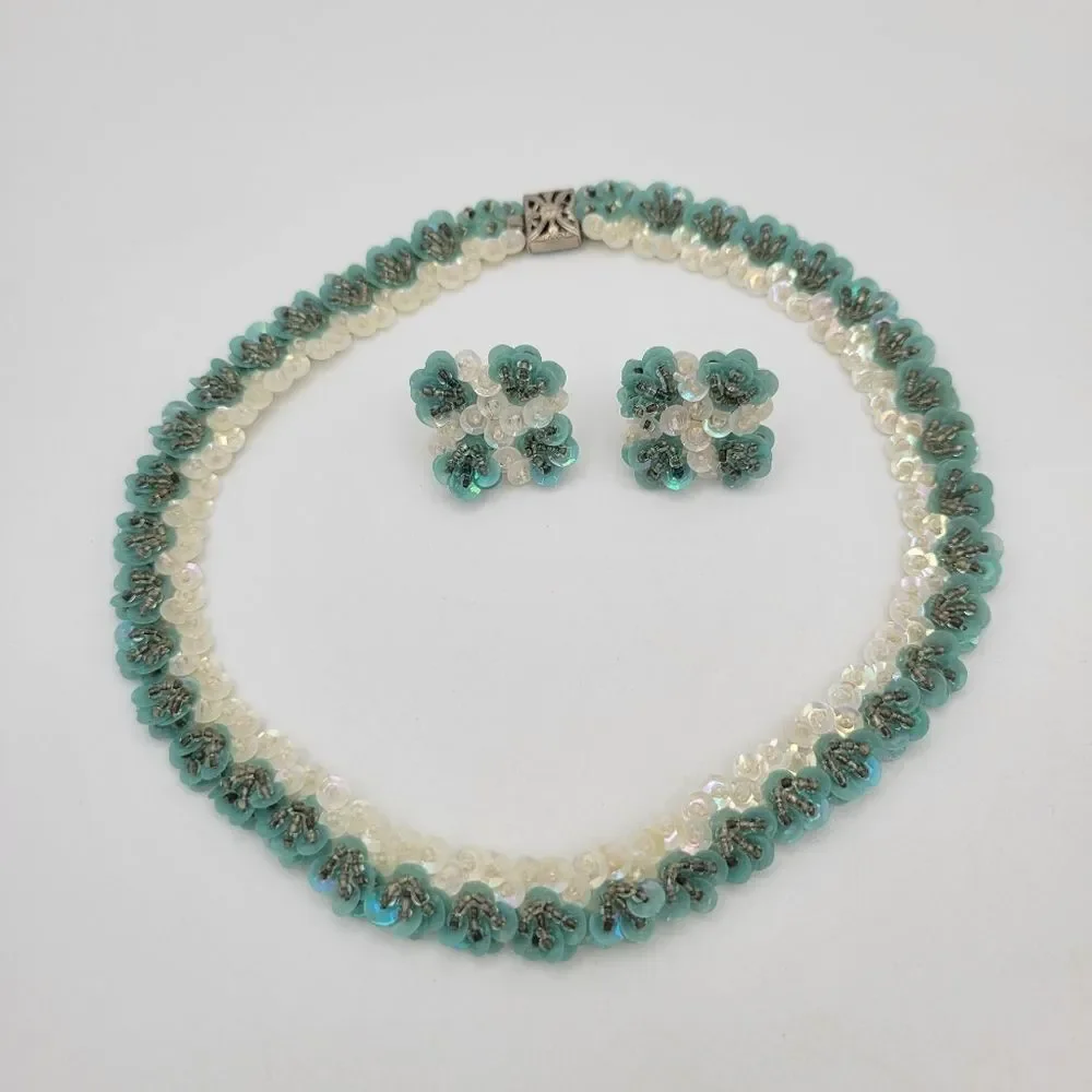 Vintage 1950s Aqua Sequin Necklace & Earrings Set